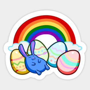 Easter Rainbow Blue Bunny Rabbit Sleeping On Colorful Eggs Sticker